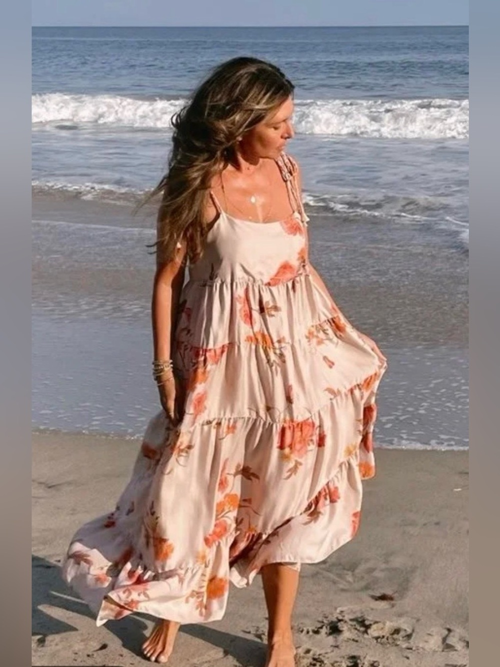 Unsubscribed NWT 100% Silk Flowy Floral Tiered Maxi Asymmetrical Dress Cream 8